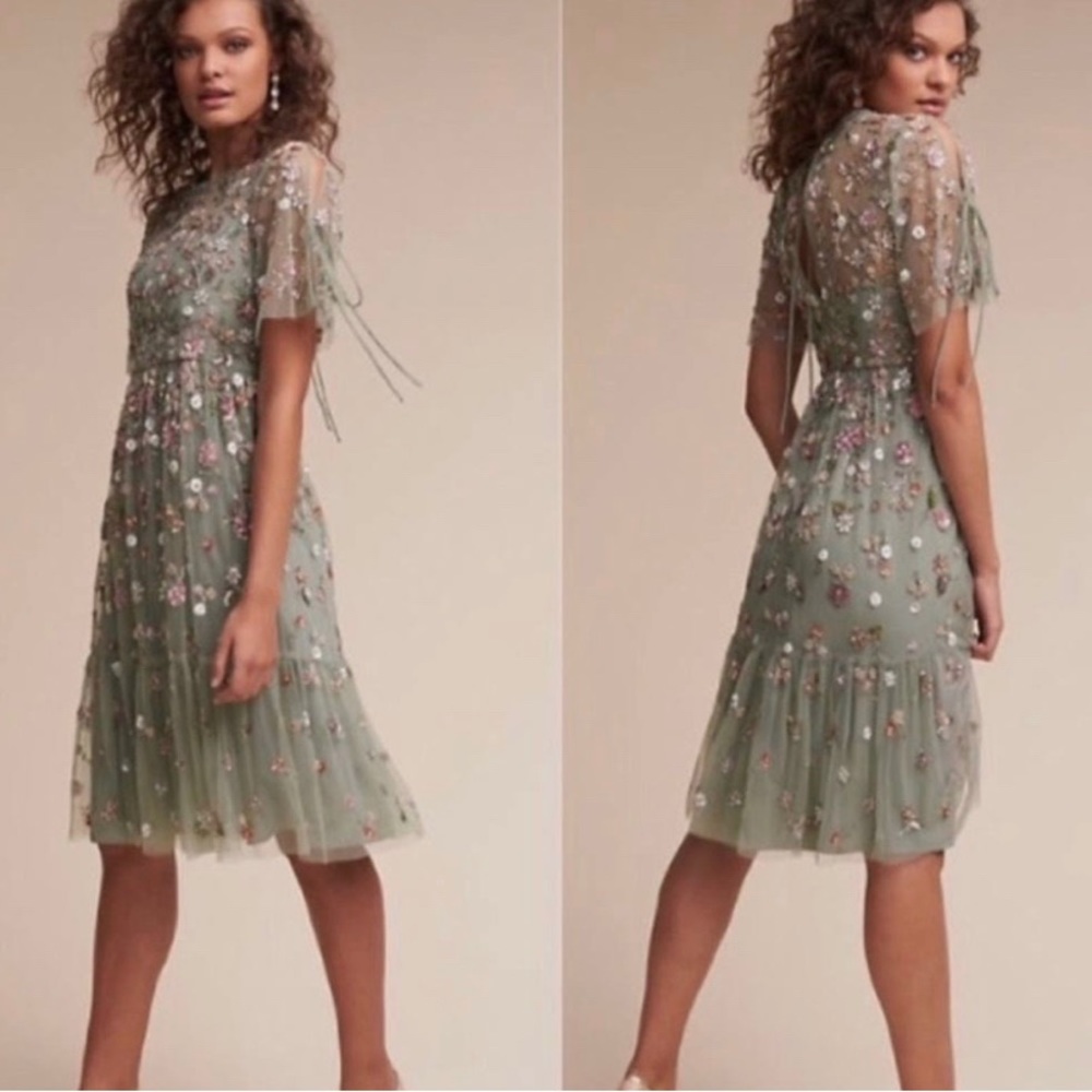 Needle & Thread Green Floral Botanical Beaded Bobi Ethereal Fairy Tulle Dress 10